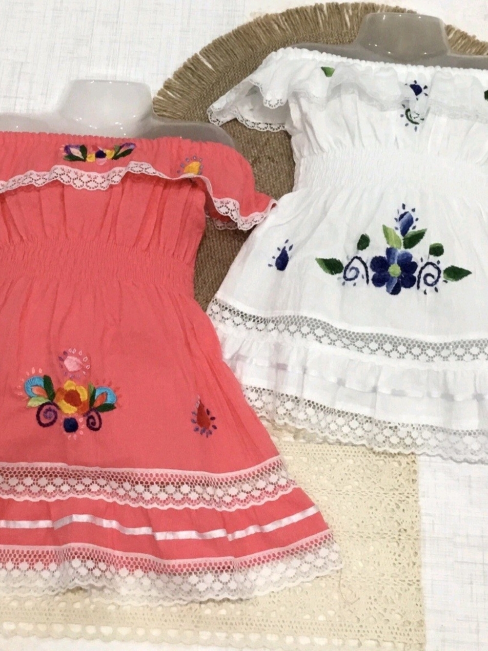 Embroidered Off-Shoulder Kids Dress - Coral/Pink/White/Beige Size:0-4T Cotton